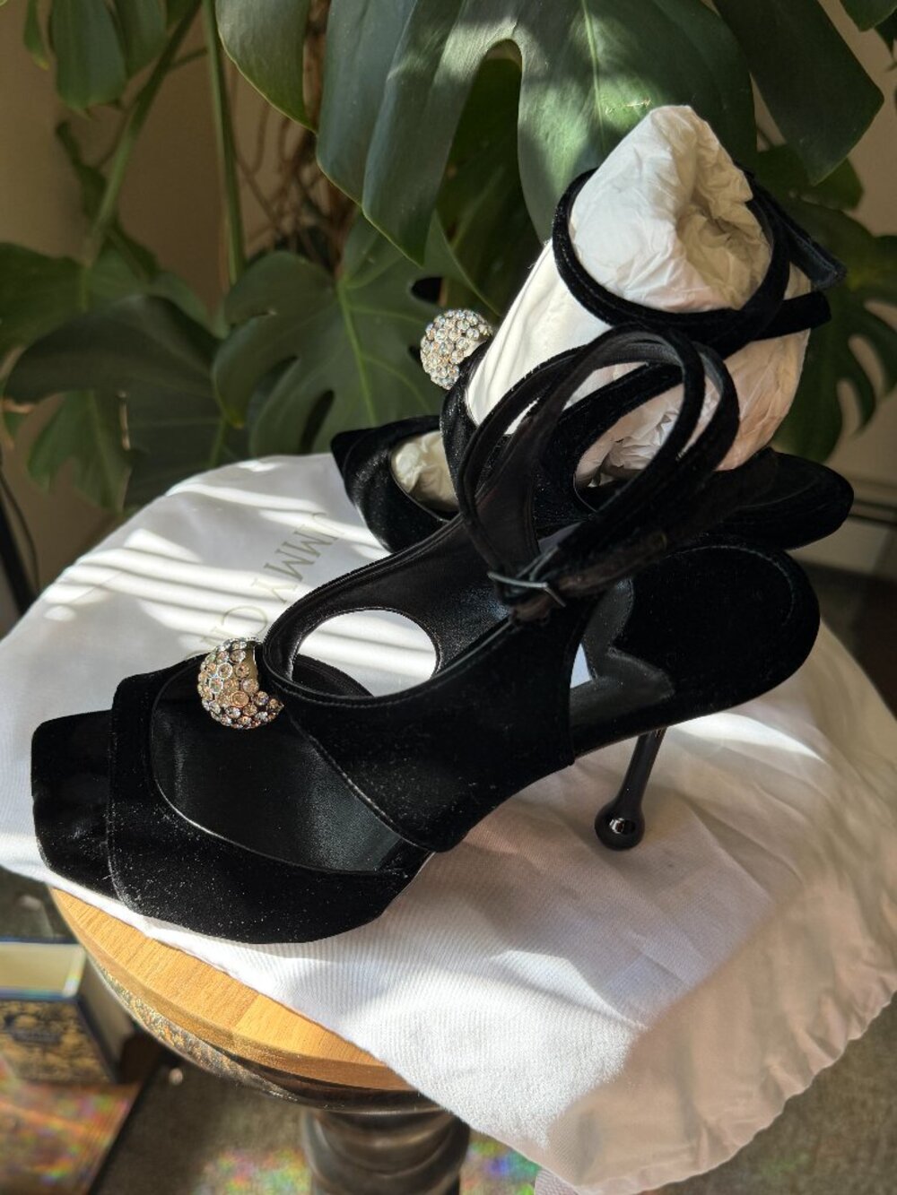 Jimmy Choo Black Orb 95mm Velvet Embellished Sandals in EU 37 1/2 (US 7.5)